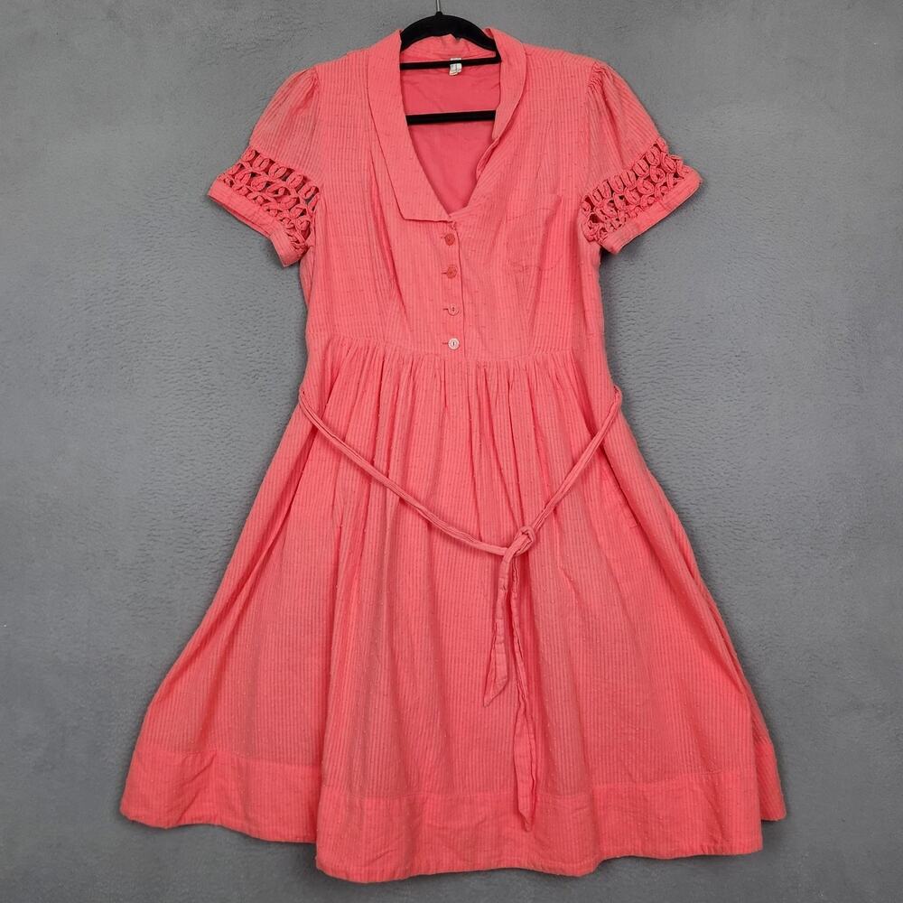 Maeve Dress Womens 12 Pink Cotton Shirt Fit & Flare Crochet Sleeve Swiss Dot